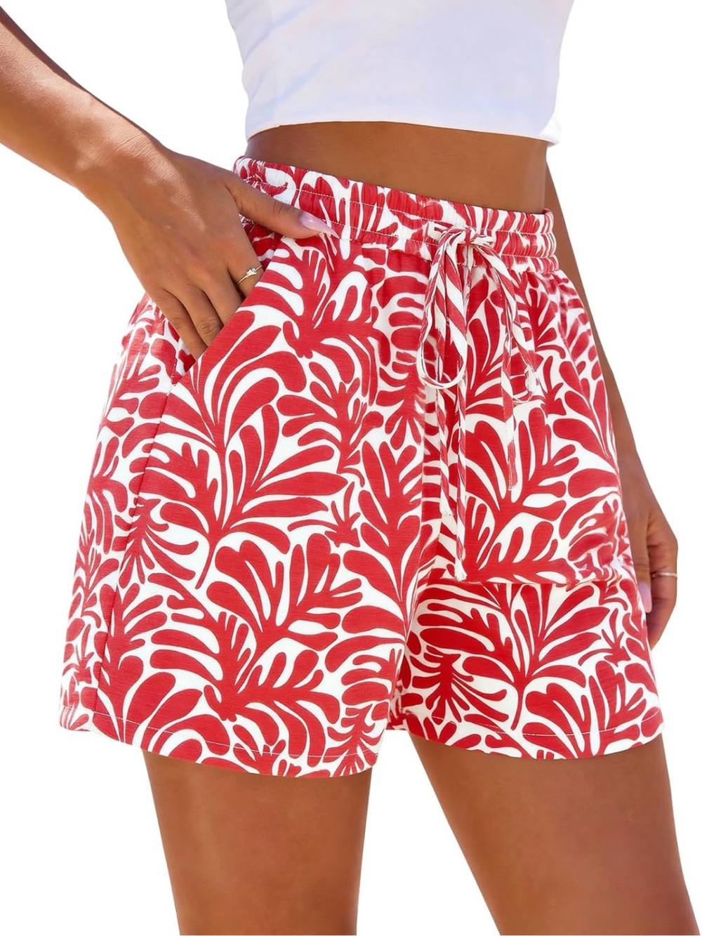 Pretty Garden Leaf Design Wide Leg Shorts Large Americana Patriotic Red White